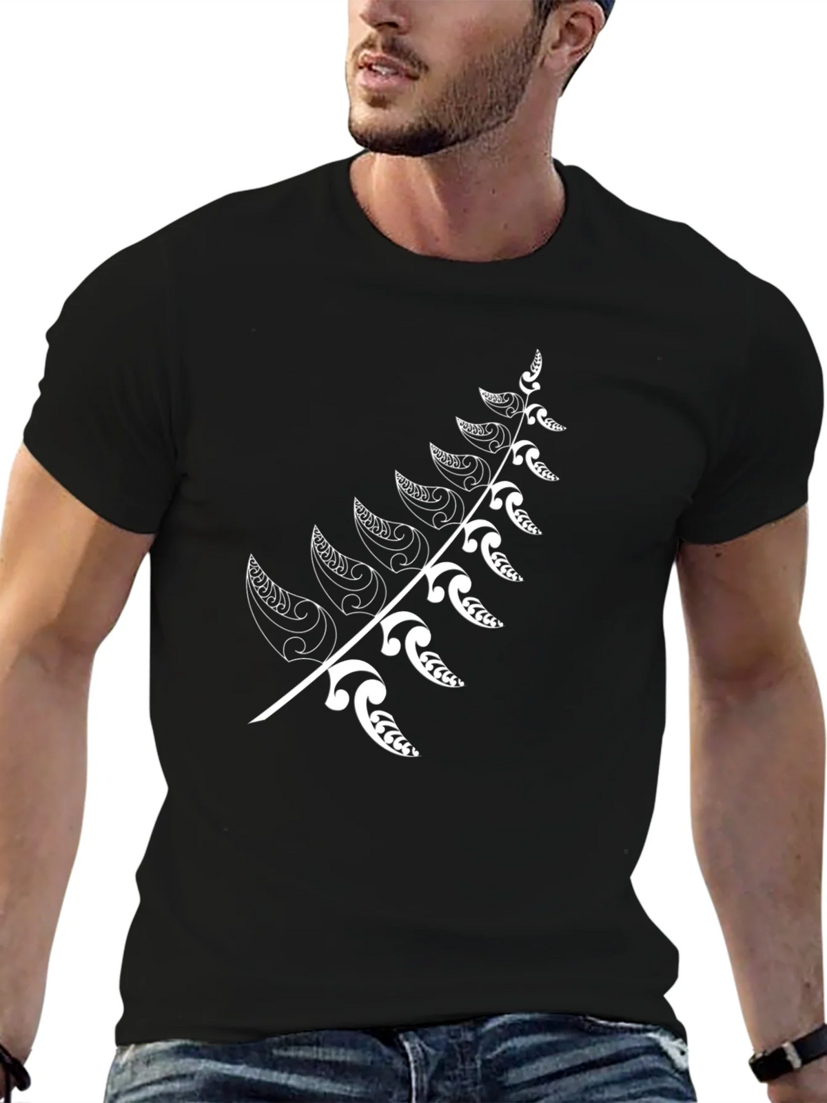 Black T-Shirt with White Fern Design product image 2
