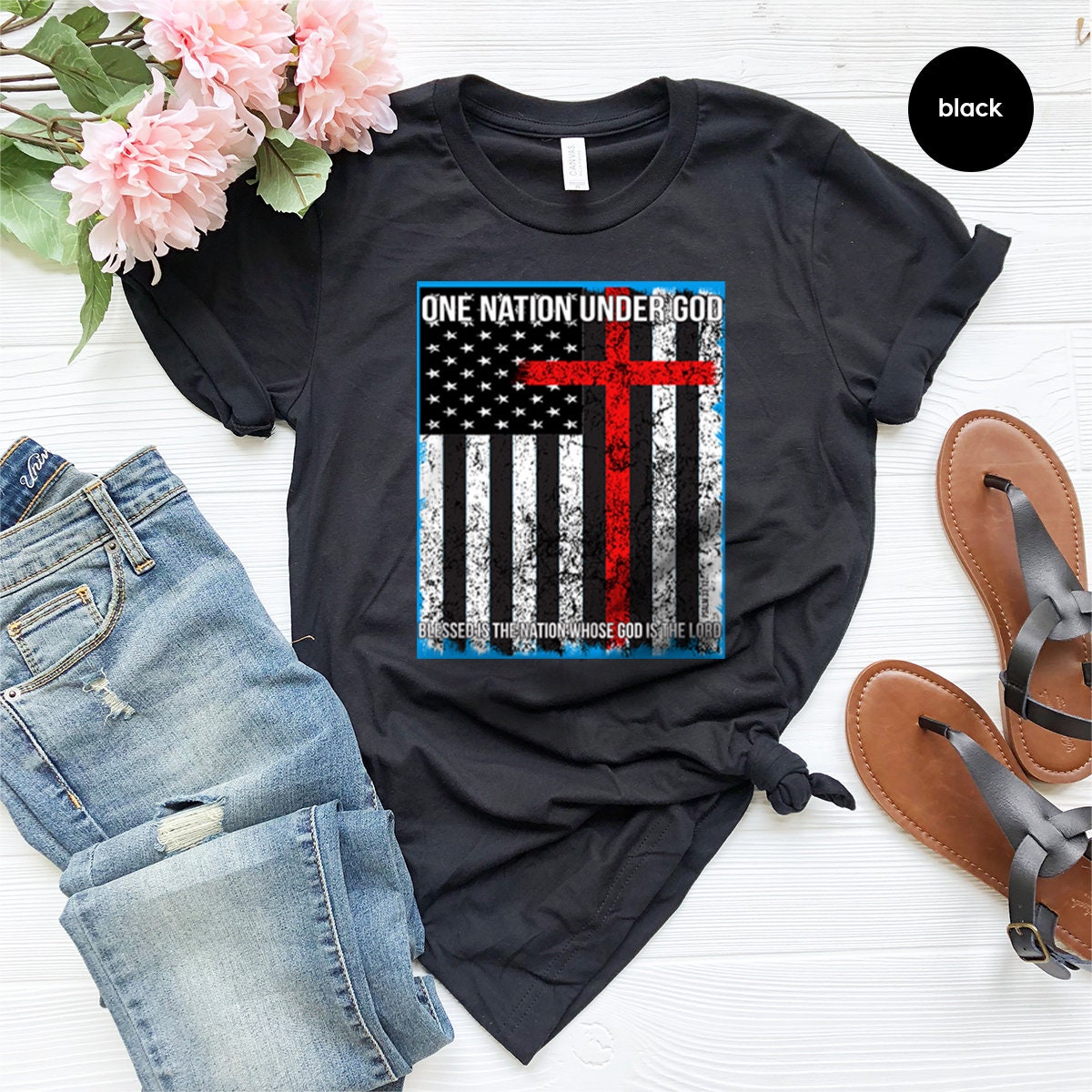 Proud American Shirt, Flag With Cross One Nation Under God product image 2