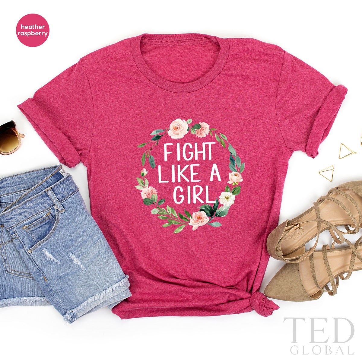 Fight Like A Girl T Shirt, Motivational Floral Tee, Cancer product image 1