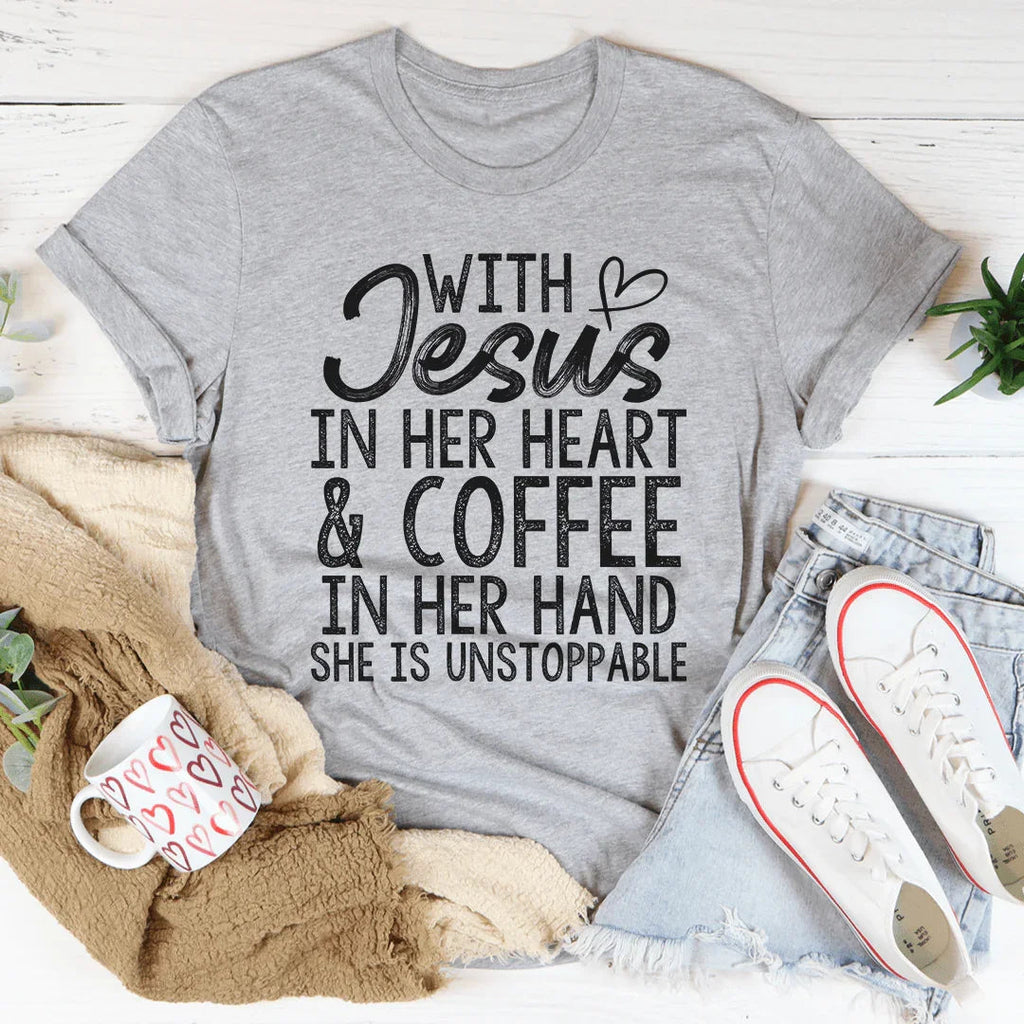 Jesus In Her Heart And Coffee In Hand Tee product image 4