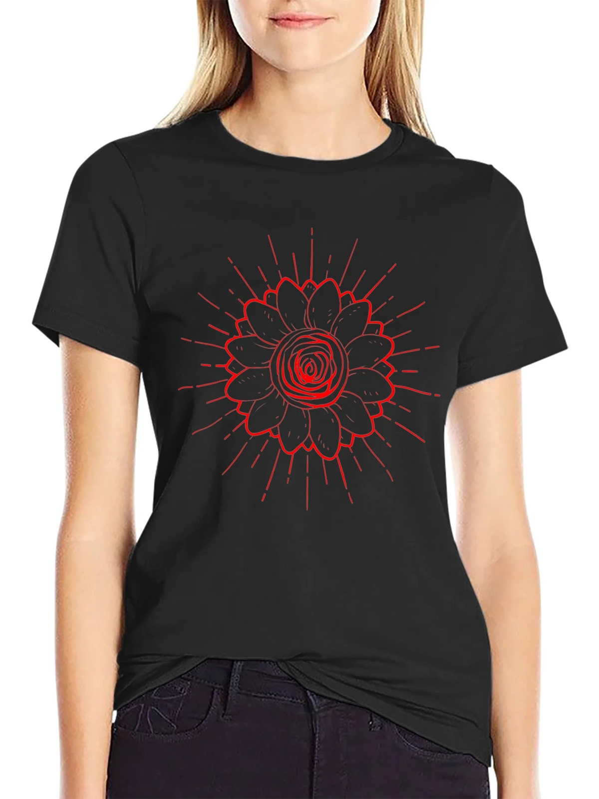 Black Tee with Red Floral Burst Design product image 1