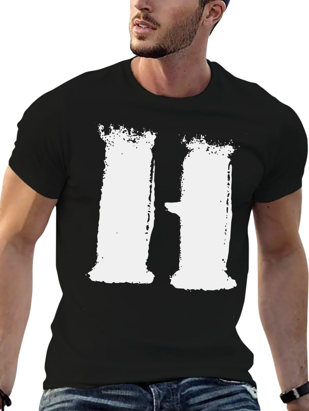Distressed White H on Black T-Shirt product image 5