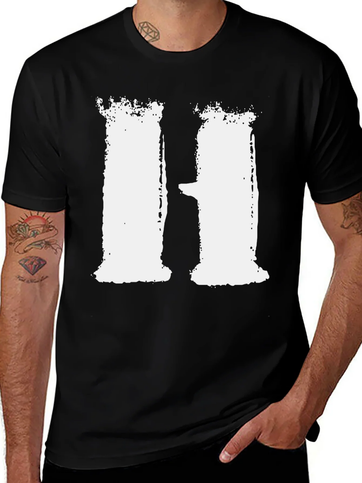 Distressed White H on Black T-Shirt product image 1