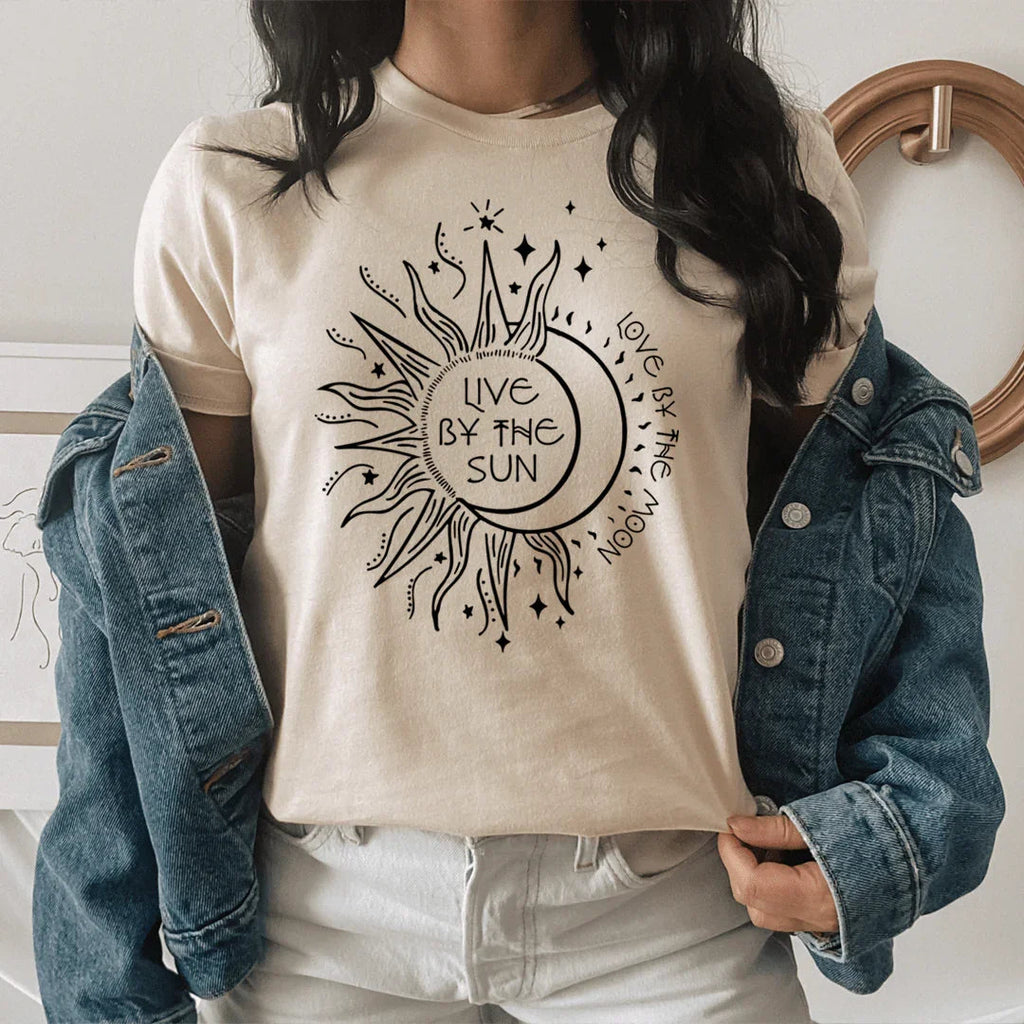 Celestial Boho Nature Graphic T-Shirt – \"Live By The Sun\" product image 4
