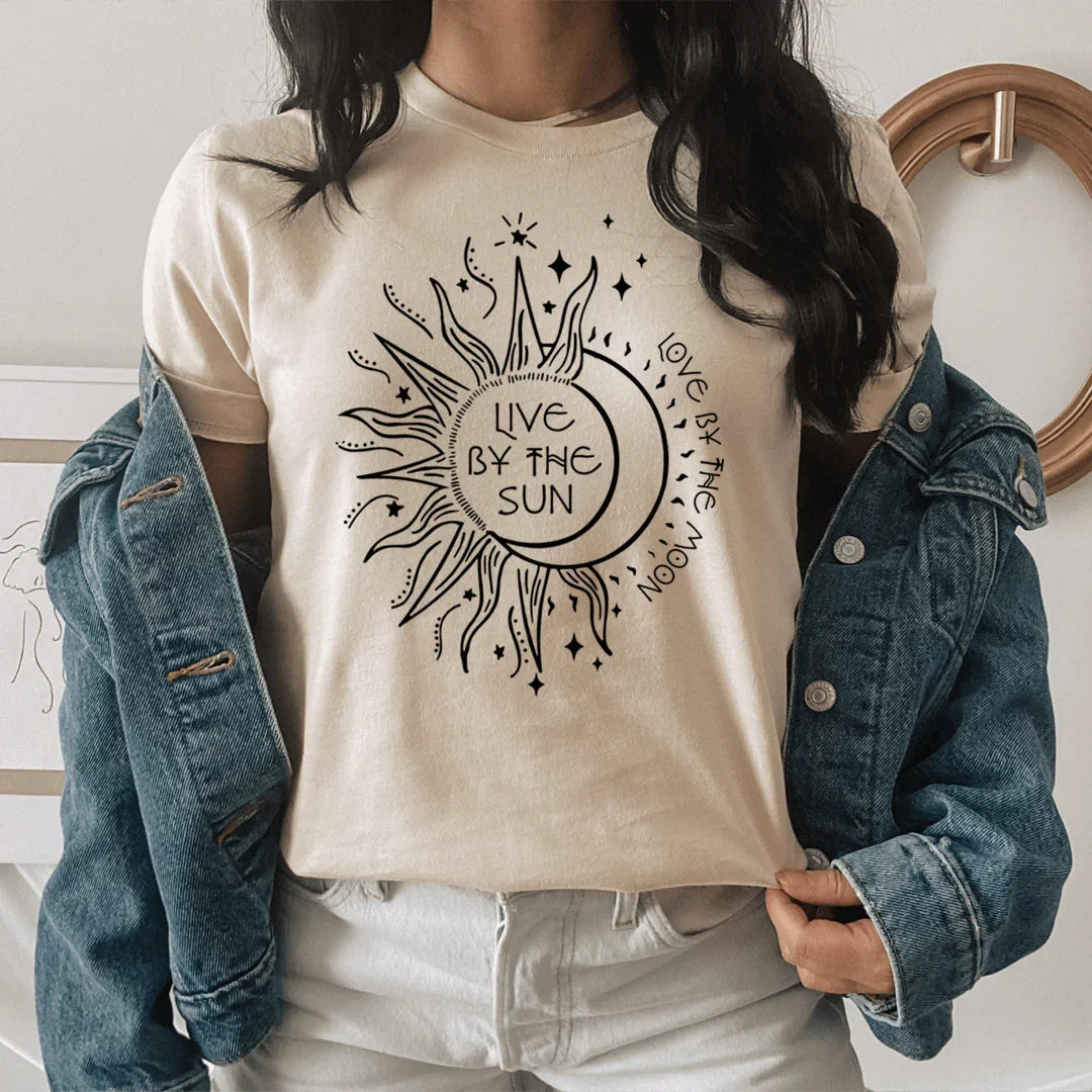 Celestial Boho Nature Graphic T-Shirt – \"Live By The Sun\" product image 4