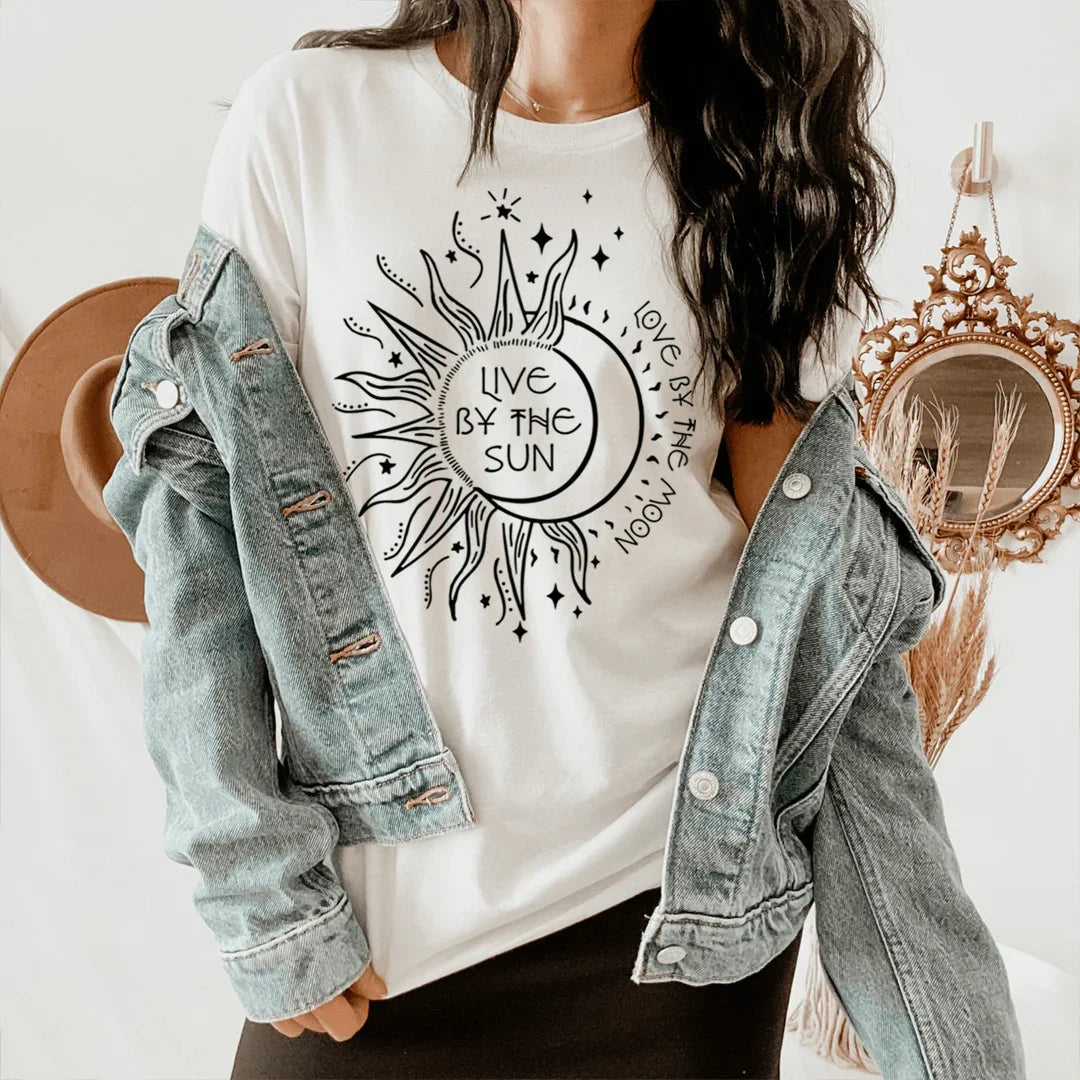 Celestial Boho Nature Graphic T-Shirt – \"Live By The Sun\" product image 1