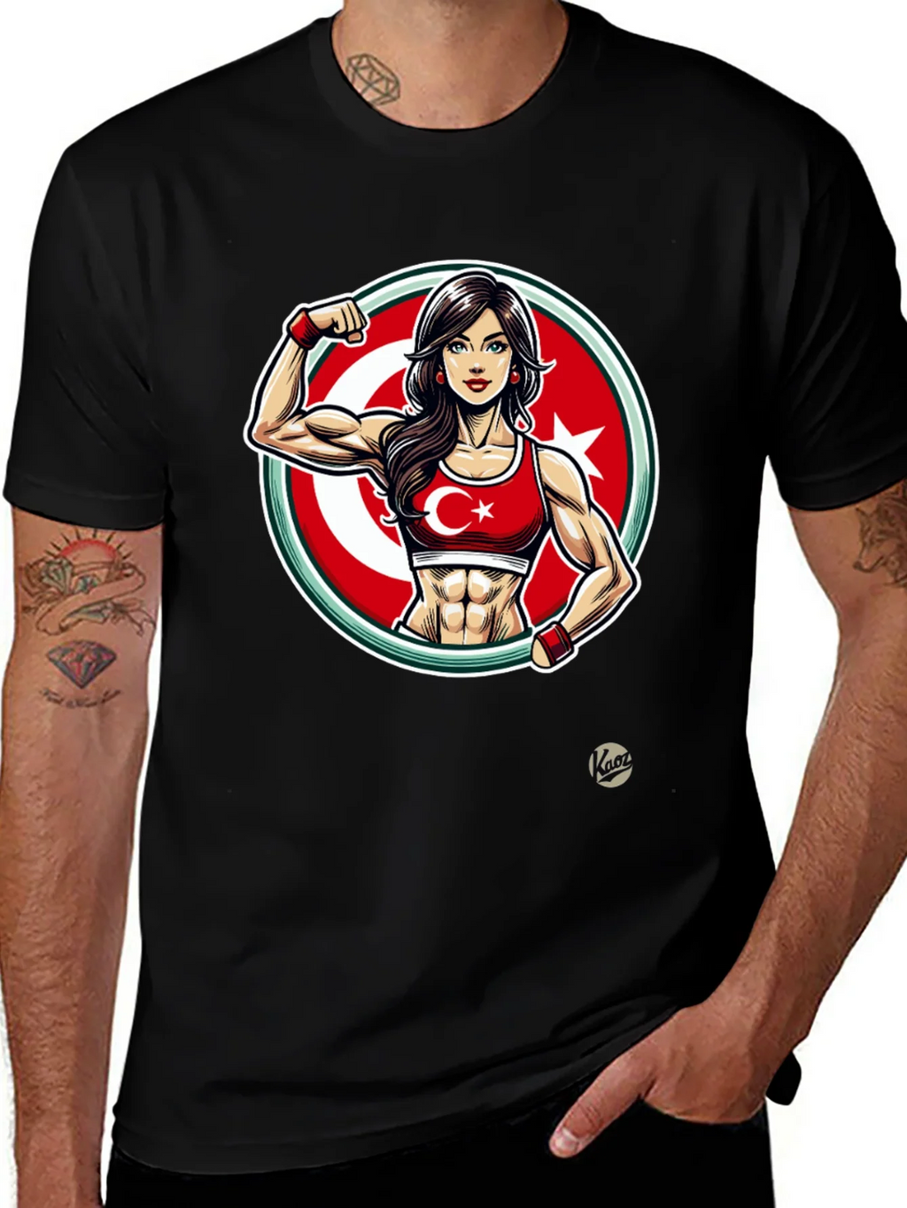 Turkey Flag Muscle Girl T-Shirt - Patriotic Fitness Tee product image 1