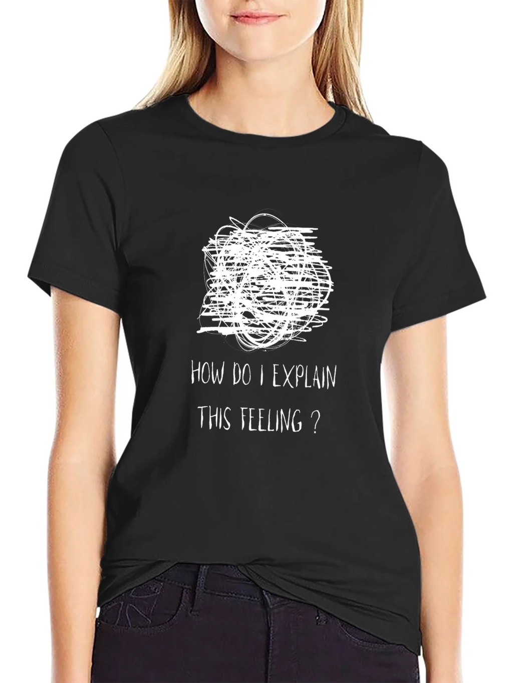 Expressive Mens Black T-Shirt: Confused Feelings Design product image 2