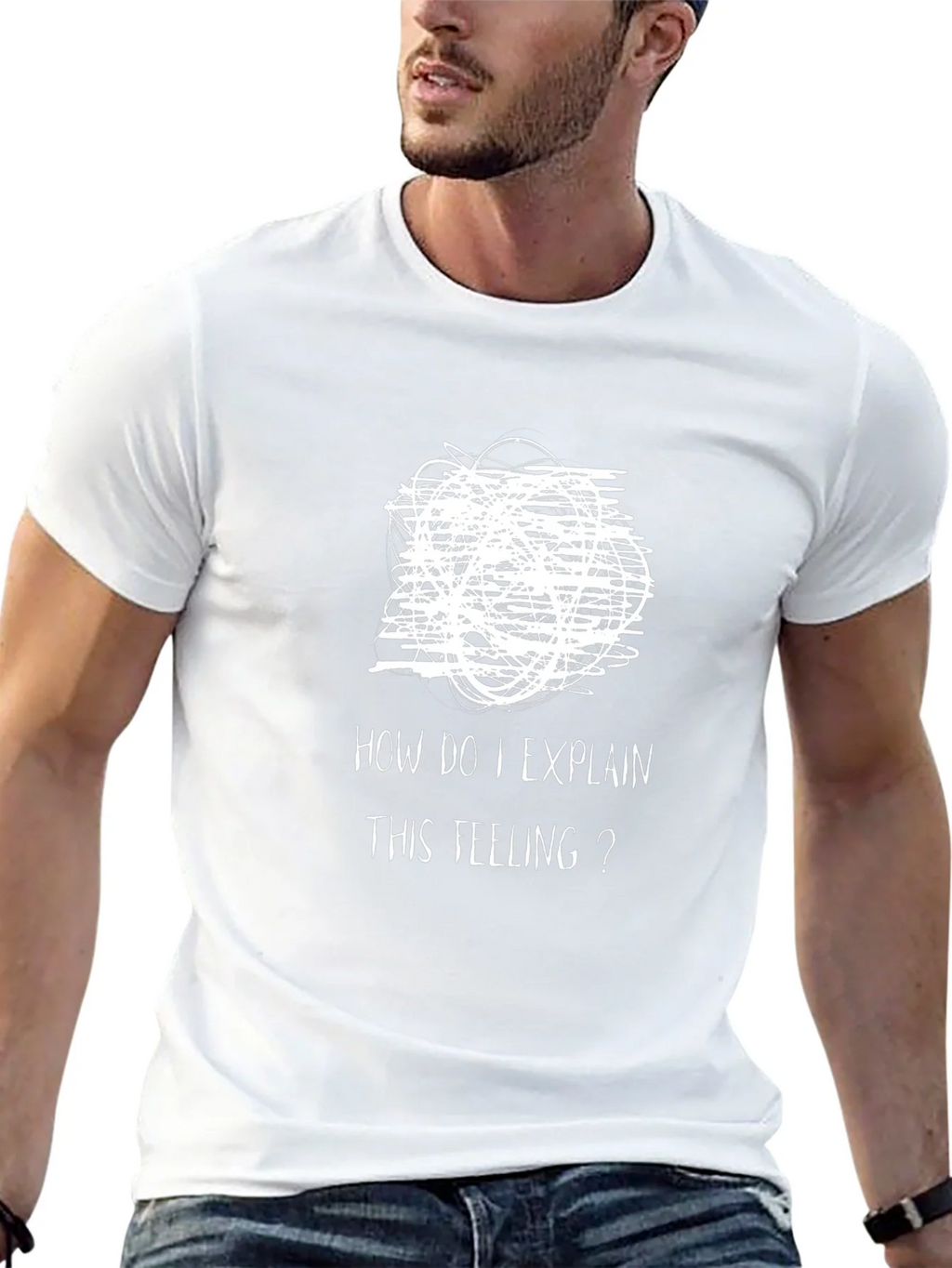 Expressive Mens Black T-Shirt: Confused Feelings Design product image 11
