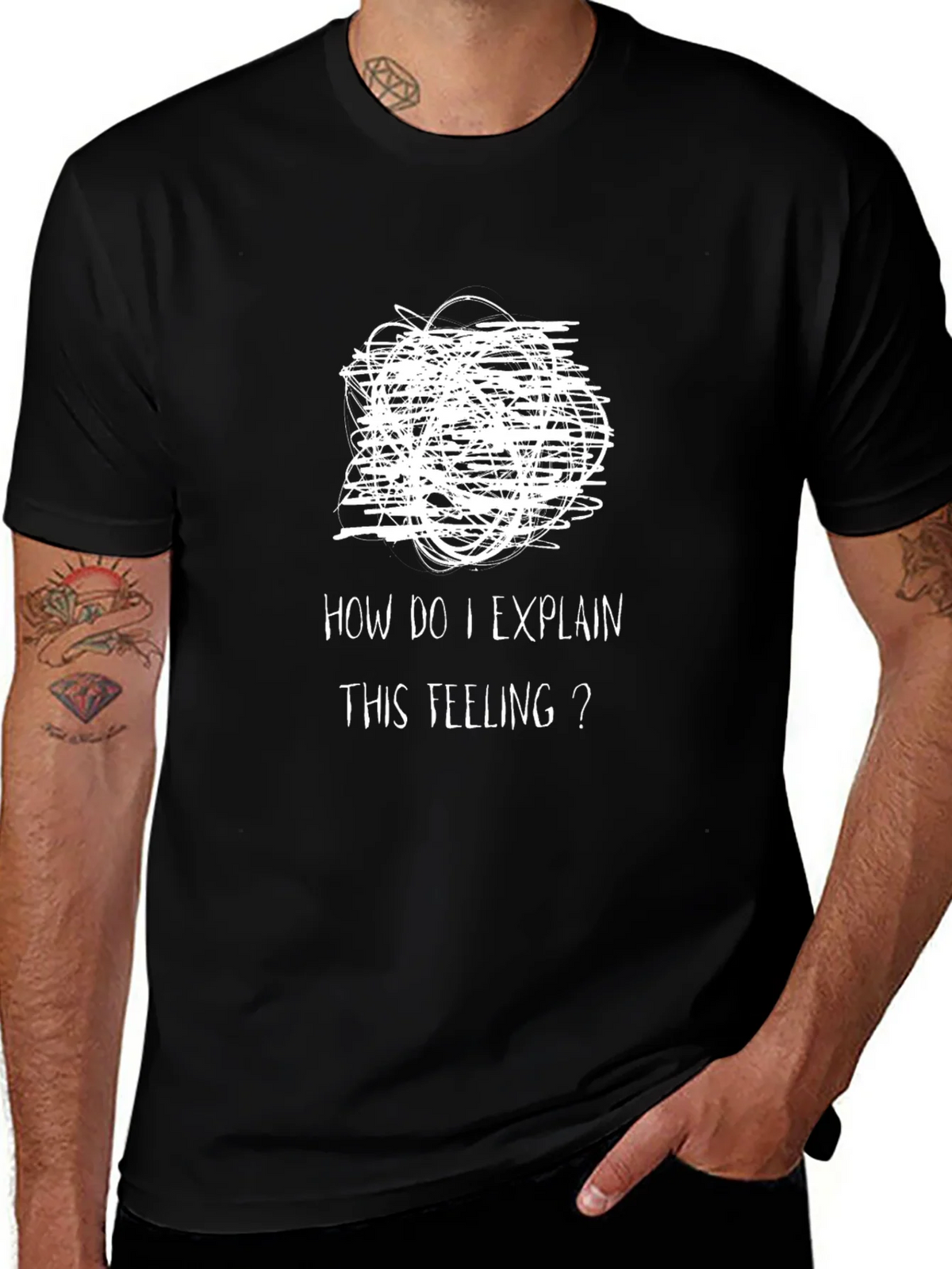 Expressive Mens Black T-Shirt: Confused Feelings Design product image 1