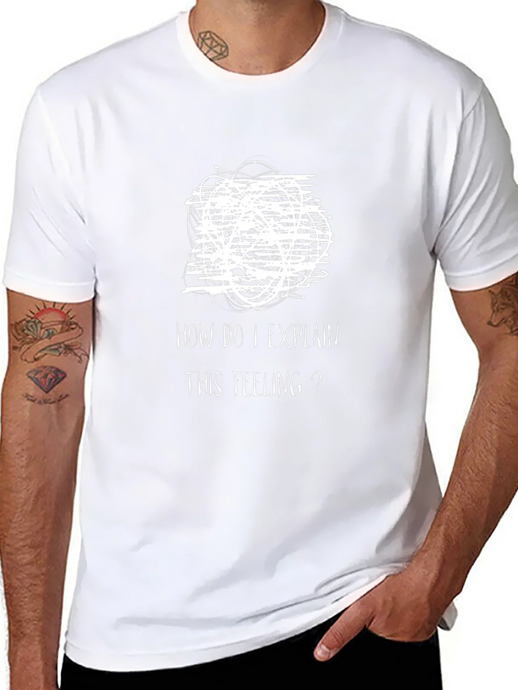 Expressive Mens Black T-Shirt: Confused Feelings Design product image 7