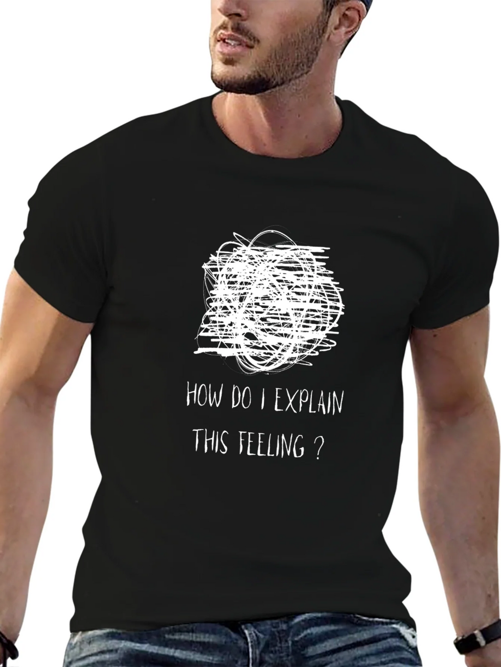 Expressive Mens Black T-Shirt: Confused Feelings Design product image 6